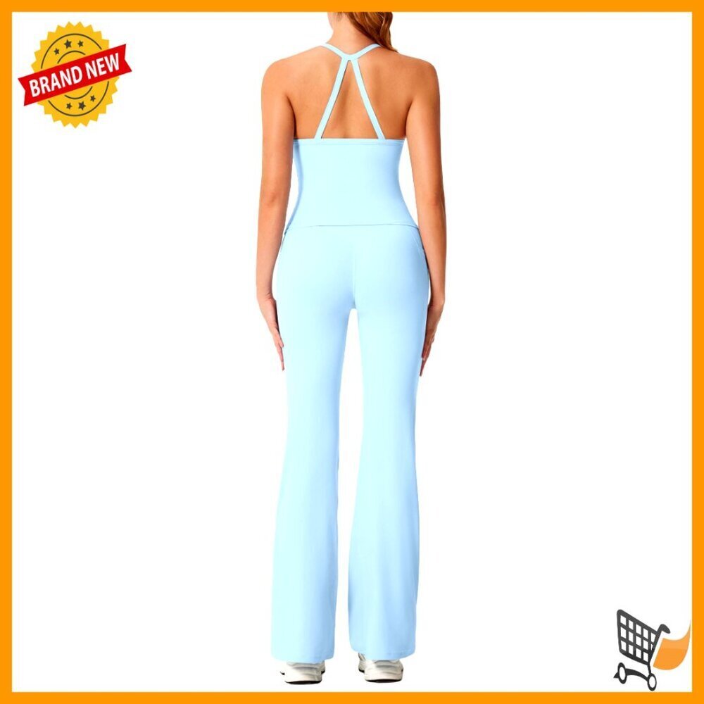 Two Piece Workout Set Padded Tank Flare Leggings Gym Outfits with Pockets